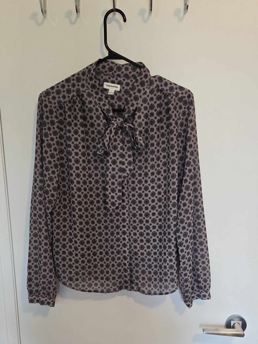 Frank & Oak Taupe Printed Tie-Neck Blouse
